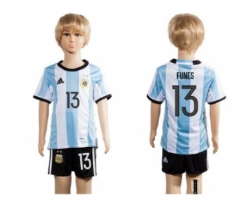 Argentina #13 Funes Home Kid Soccer Country Jersey