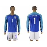 Brazil #1 Alisson Away Long Sleeves Soccer Country Jersey