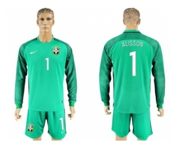 Brazil #1 Alisson Green Goalkeeper Long Sleeves Soccer Country Jersey