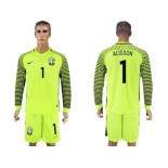 Brazil #1 Alisson Green Long Sleeves Goalkeeper Soccer Country Jersey