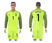 Brazil #1 Alisson Green Long Sleeves Goalkeeper Soccer Country Jersey