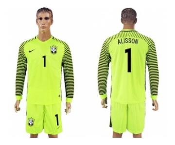 Brazil #1 Alisson Green Long Sleeves Goalkeeper Soccer Country Jersey