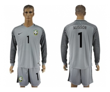 Brazil #1 Alisson Grey Goalkeeper Long Sleeves Soccer Country Jersey