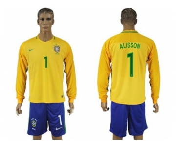 Brazil #1 Alisson Home Long Sleeves Soccer Country Jersey