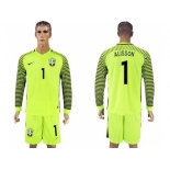 Brazil #1 Alisson Shiny Green Long Sleeves Goalkeeper Soccer Country Jersey