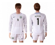 Brazil #1 Alisson White Goalkeeper Long Sleeves Soccer Country Jersey1