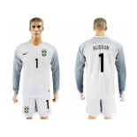 Brazil #1 Alisson White Goalkeeper Long Sleeves Soccer Country Jersey