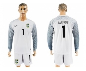 Brazil #1 Alisson White Goalkeeper Long Sleeves Soccer Country Jersey