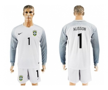 Brazil #1 Alisson White Goalkeeper Long Sleeves Soccer Country Jersey