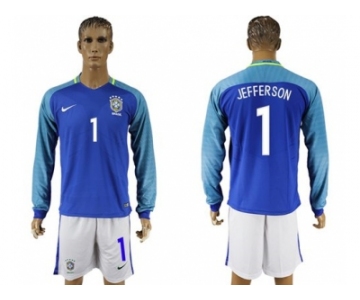 Brazil #1 Jefferson Away Long Sleeves Soccer Country Jersey