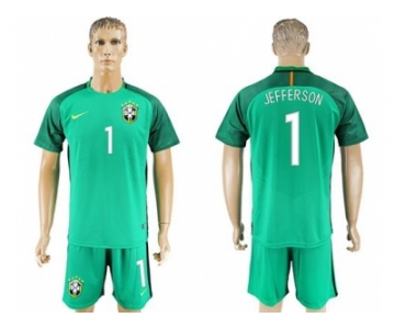 Brazil #1 Jefferson Green Goalkeeper Soccer Country Jersey