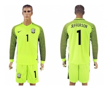 Brazil #1 Jefferson Green Long Sleeves Goalkeeper Soccer Country Jersey