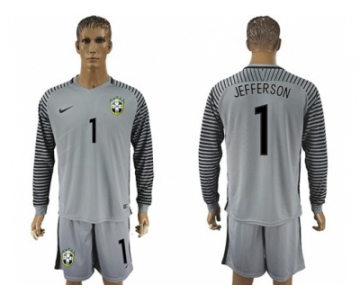 Brazil #1 Jefferson Grey Goalkeeper Long Sleeves Soccer Country Jersey