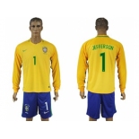 Brazil #1 Jefferson Home Long Sleeves Soccer Country Jersey