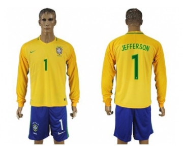 Brazil #1 Jefferson Home Long Sleeves Soccer Country Jersey