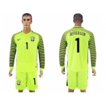 Brazil #1 Jefferson Shiny Green Long Sleeves Goalkeeper Soccer Country Jersey