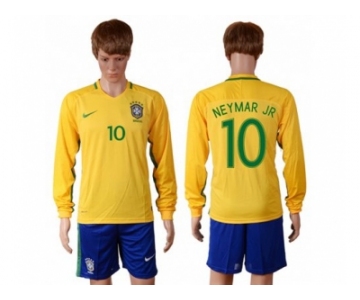 Brazil #10 Neymar Jr Home Long Sleeves Soccer Country Jersey