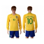 Brazil #10 Ronaldinho Home Long Sleeves Soccer Country Jersey