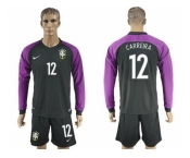 Brazil #12 Carreira Black Goalkeeper Long Sleeves Soccer Country Jersey