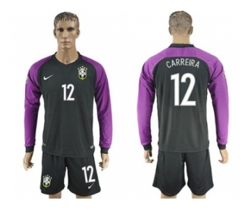 Brazil #12 Carreira Black Goalkeeper Long Sleeves Soccer Country Jersey