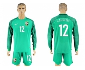 Brazil #12 Carreira Green Goalkeeper Long Sleeves Soccer Country Jersey