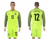 Brazil #12 Carreira Green Long Sleeves Goalkeeper Soccer Country Jersey