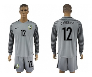 Brazil #12 Carreira Grey Goalkeeper Long Sleeves Soccer Country Jersey