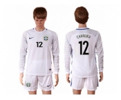 Brazil #12 Carreira White Goalkeeper Long Sleeves Soccer Country Jersey