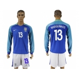 Brazil #13 Marquinhos Away Long Sleeves Soccer Country Jersey