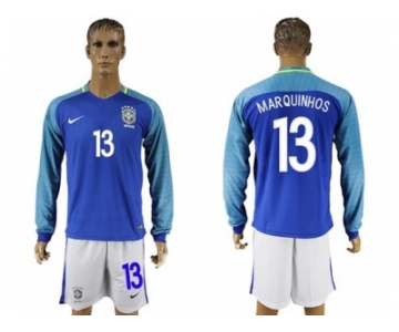 Brazil #13 Marquinhos Away Long Sleeves Soccer Country Jersey