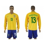 Brazil #13 Marquinhos Home Long Sleeves Soccer Country Jersey