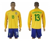 Brazil #13 Marquinhos Home Long Sleeves Soccer Country Jersey