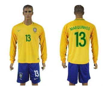 Brazil #13 Marquinhos Home Long Sleeves Soccer Country Jersey