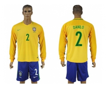 Brazil #2 Danilo Home Long Sleeves Soccer Country Jersey