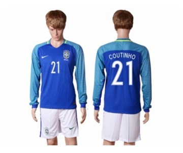 Brazil #21 Coutinho Away Long Sleeves Soccer Country Jersey