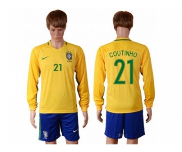 Brazil #21 Coutinho Home Long Sleeves Soccer Country Jersey