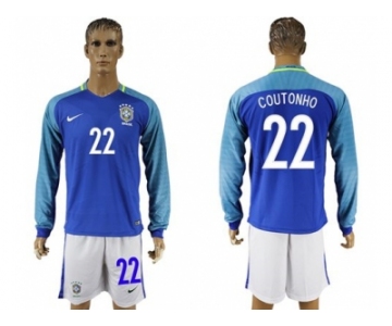 Brazil #22 Coutonho Away Long Sleeves Soccer Country Jersey