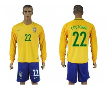 Brazil #22 Coutonho Home Long Sleeves Soccer Country Jersey