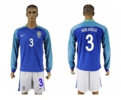 Brazil #3 Miranda Away Long Sleeves Soccer Country Jersey