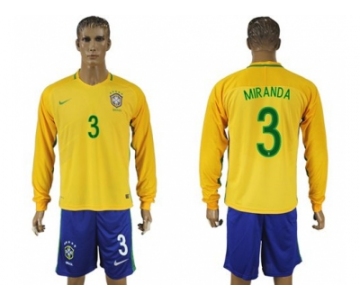 Brazil #3 Miranda Home Long Sleeves Soccer Country Jersey