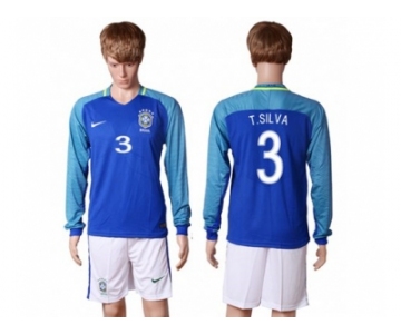 Brazil #3 T.Silva Away Long Sleeves Soccer Country Jersey