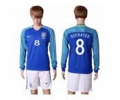 Brazil #8 Socrates Away Long Sleeves Soccer Country Jersey