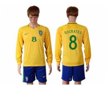 Brazil #8 Socrates Home Long Sleeves Soccer Country Jersey