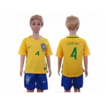 Brazil #4 David Luiz Home Kid Soccer Country Jersey