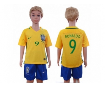 Brazil #9 Ronaldo Home Kid Soccer Country Jersey