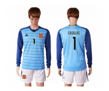 Spain #1 Casillas Blue Goalkeeper Long Sleeves Soccer Country Jersey