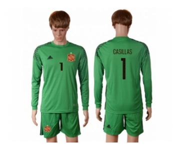 Spain #1 Casillas Green Goalkeeper Long Sleeves Soccer Country Jersey