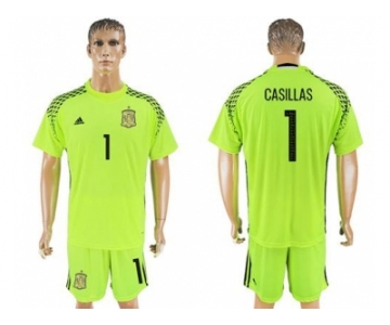 Spain #1 Casillas Shiny Green Goalkeeper Soccer Country Jersey