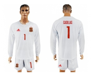 Spain #1 Casillas White Away Long Sleeves Soccer Country Jersey