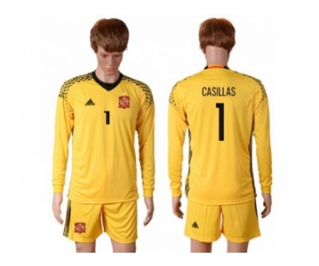 Spain #1 Casillas Yellow Goalkeeper Long Sleeves Soccer Country Jersey